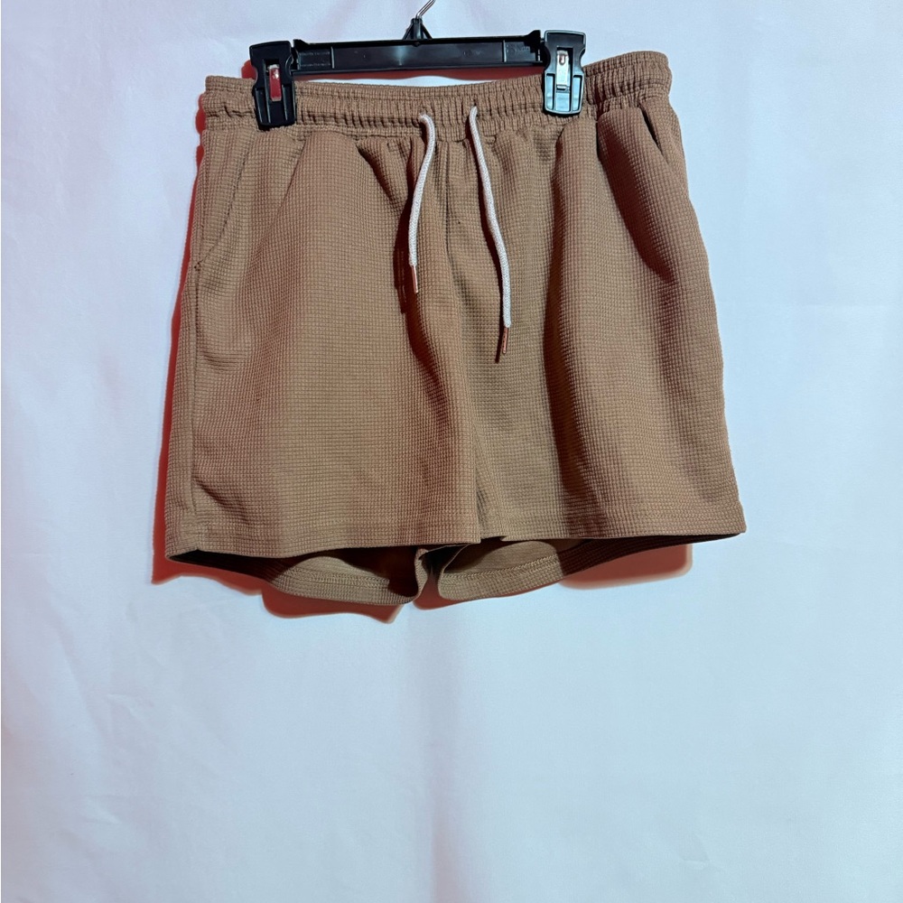 Women’s Tan Waffle Knit Lounge Shorts Size M Elastic Waist Drawstring Casual